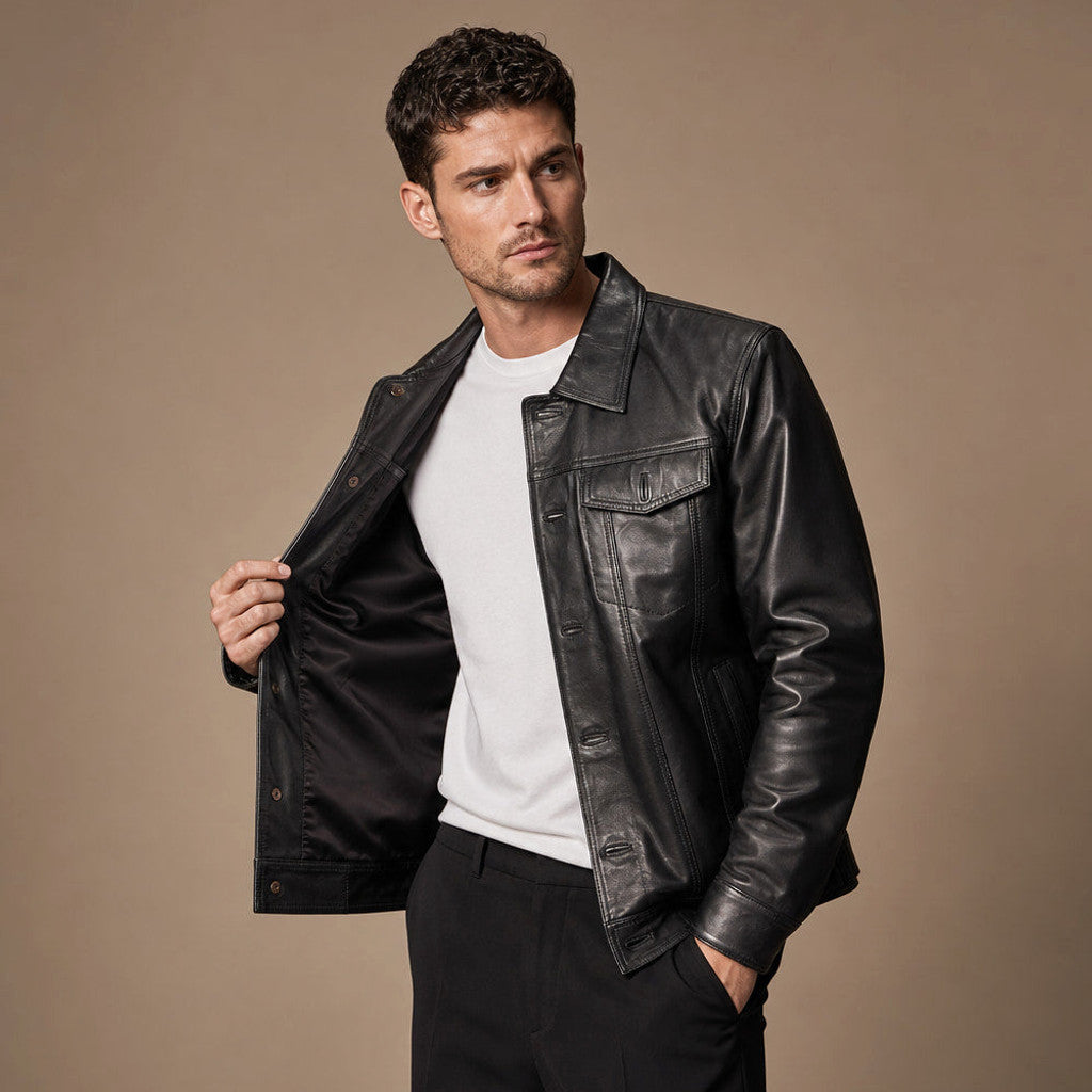 Ardwick | Leather Trucker Jacket Sheepskin Black Black – Side Angle View
