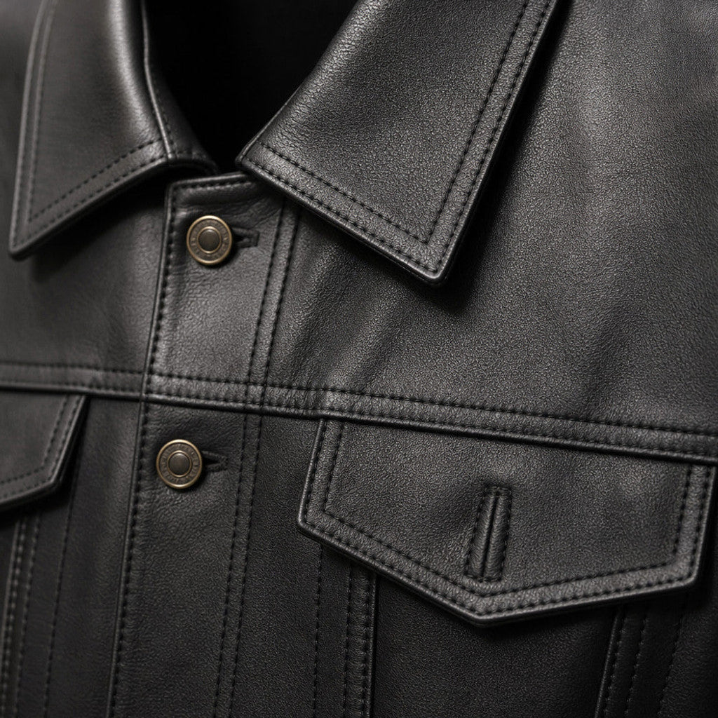 Ardwick | Leather Trucker Jacket Sheepskin Black Black – Fabric and Detail Close-Up