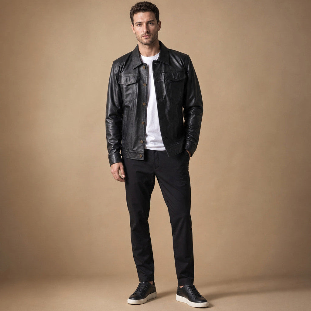 Ardwick | Leather Trucker Jacket Sheepskin Black Black – Full Look