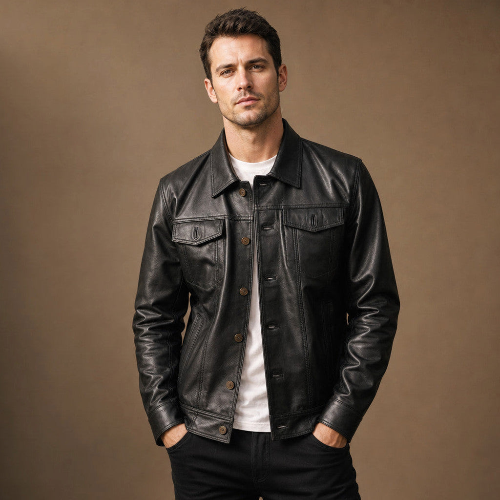 Ardwick | Leather Trucker Jacket Sheepskin Black Black – Product Photo