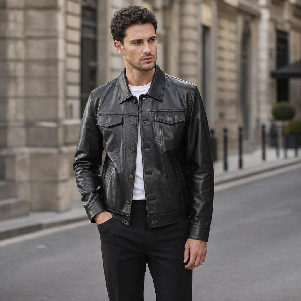 Ardwick | Leather Trucker Jacket Sheepskin Black Black – Styled Editorial Shot