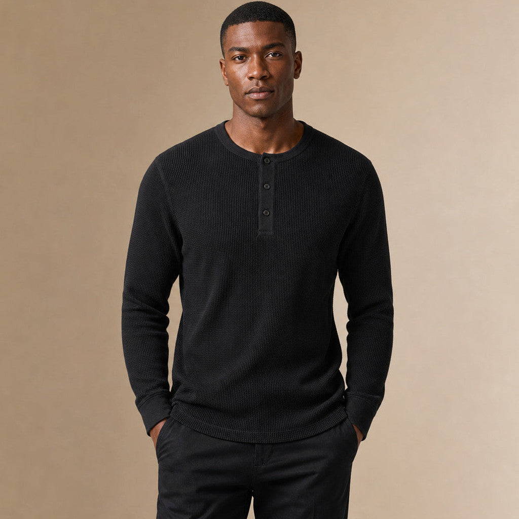 Armond | Henley T Shirt Waffle Knit Cotton in Black – Premium Editorial