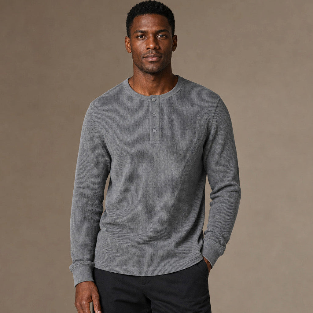 Armond | Henley T Shirt Waffle Knit Cotton in Grey – Premium Editorial