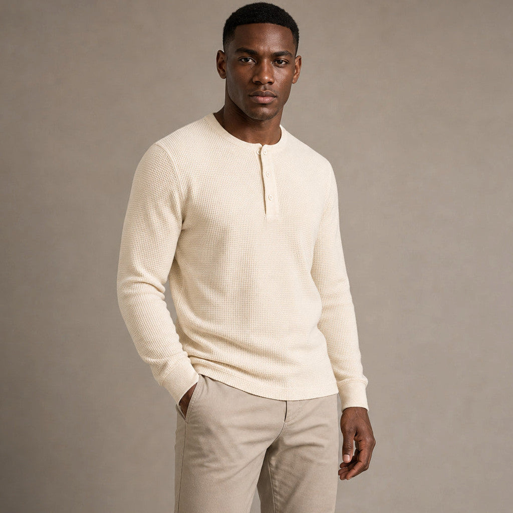 Armond | Henley T Shirt Waffle Knit Cotton Ivory – Side Angle View