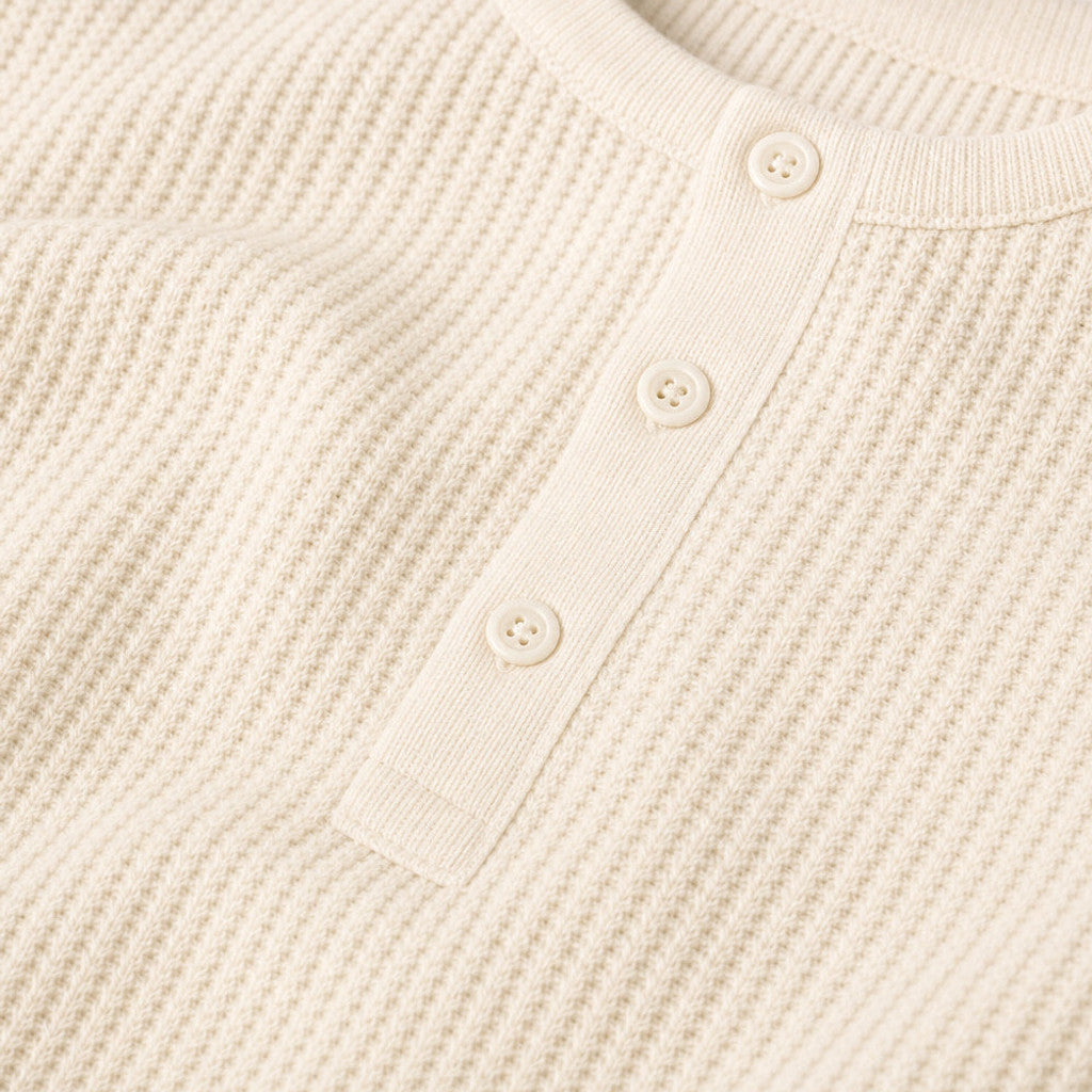 Armond | Henley T Shirt Waffle Knit Cotton Ivory – Fabric and Detail Close-Up
