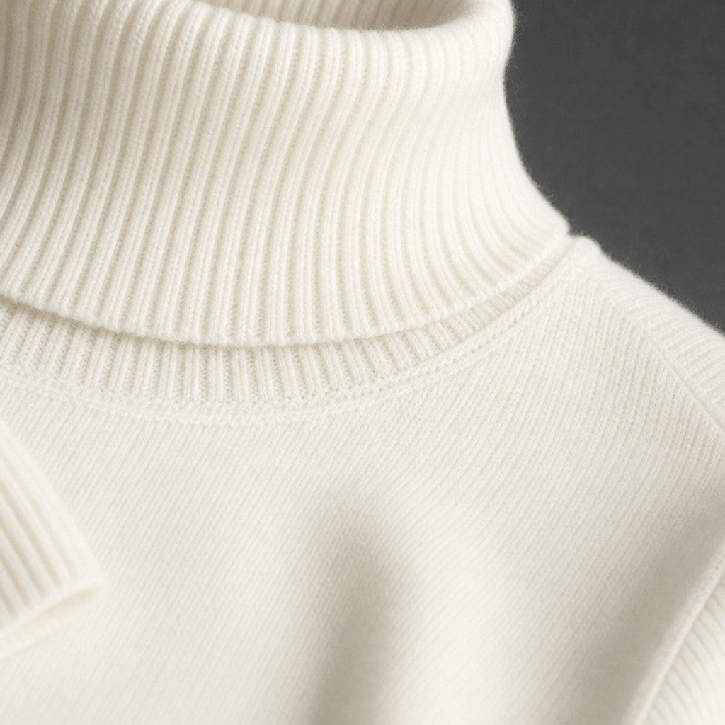 Arnold | Turtleneck Sweater Merino Wool White – Fabric and Detail Close-Up