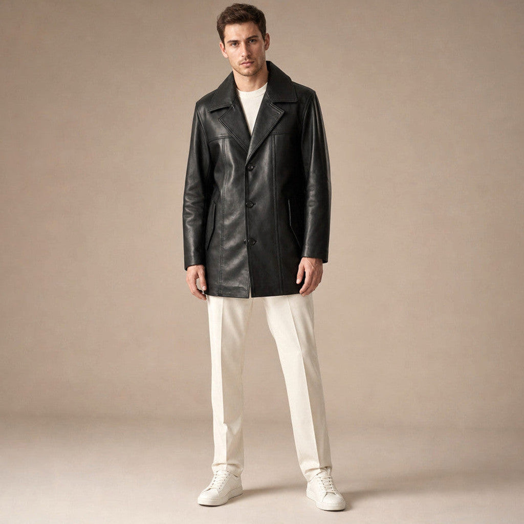 Black leather single-breasted long coat with notch collar, front view