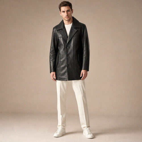 Black leather single-breasted long coat with notch collar, front view