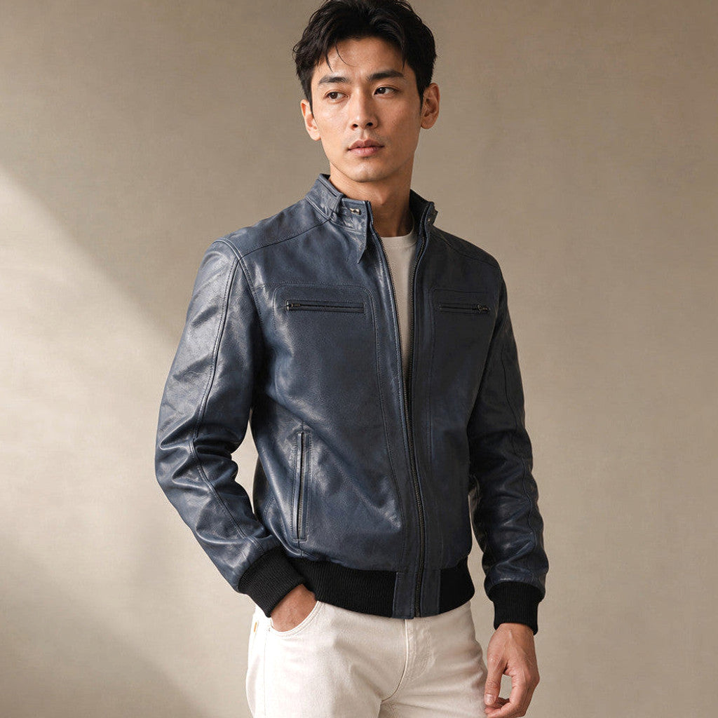 Arthur | Bomber Jacket Snap Collar Blue – Product Photo