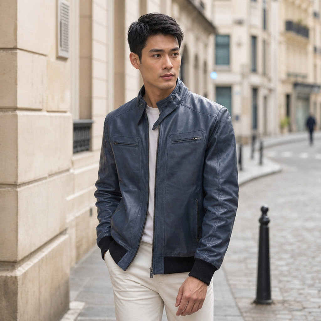 Arthur | Bomber Jacket Snap Collar Blue – Product Photo