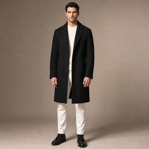 Ashbourne | Wool Overcoat Single Breasted Black in Black – Premium Editorial