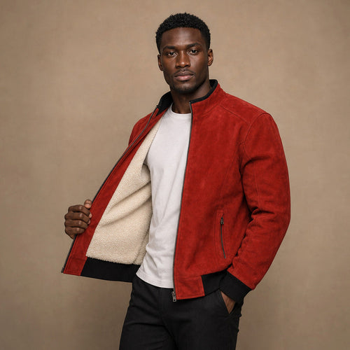 Ashgrove | Suede Bomber Jacket Wool Lined Crimson Red – Premium Editorial