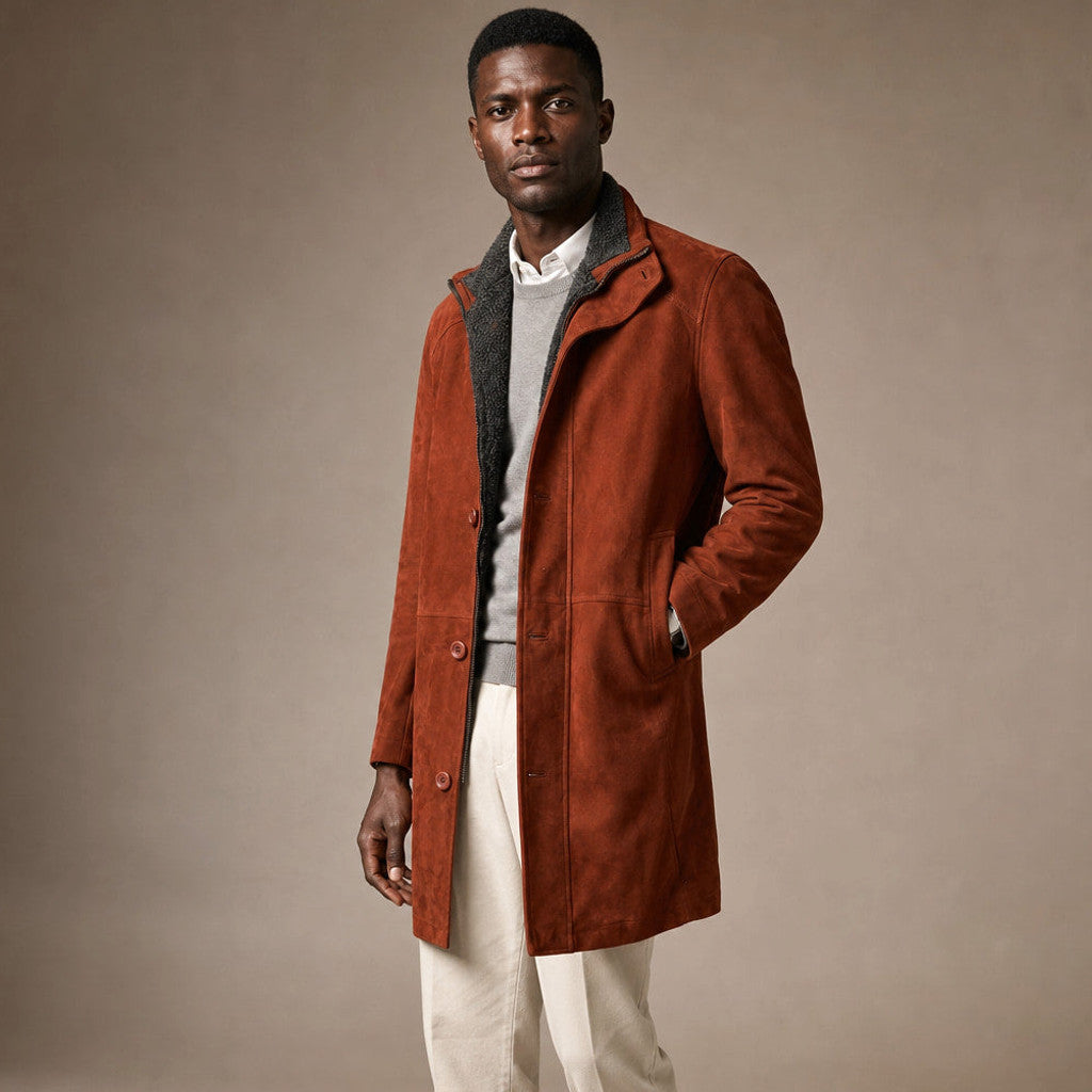 Ashworth | Suede Car Coat Faux Fur Lined Rust Brown – Product Photo