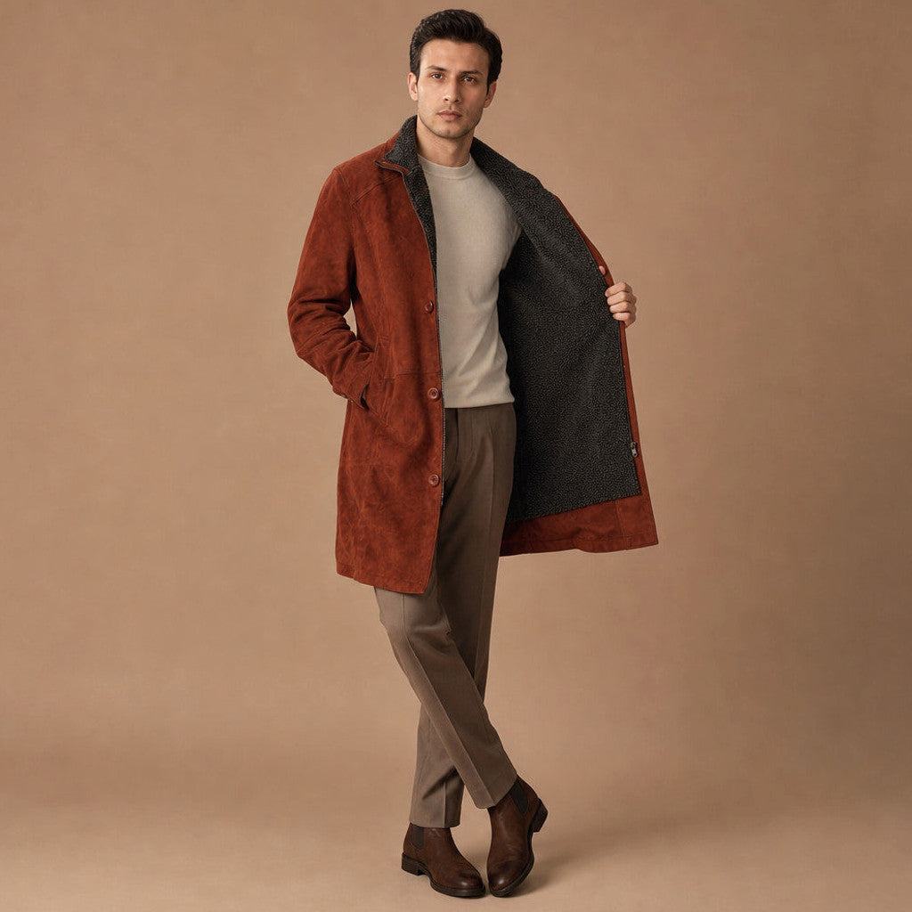Ashworth | Suede Car Coat Faux Fur Lined Rust Brown – Side Angle View