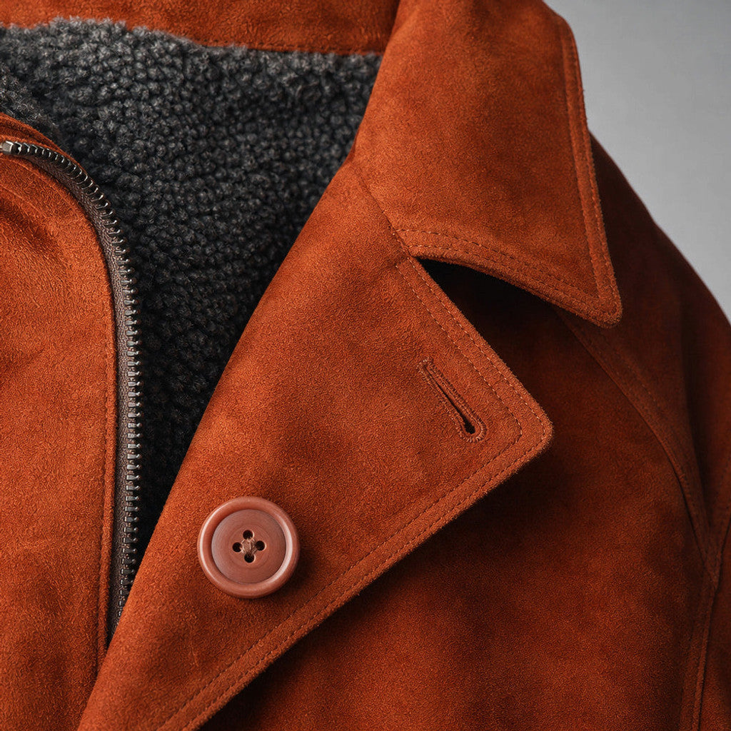 Ashworth | Suede Car Coat Faux Fur Lined Rust Brown – Fabric and Detail Close-Up