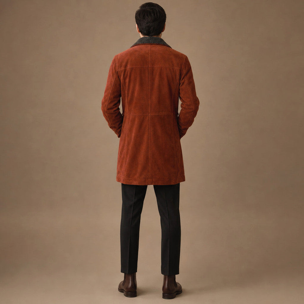 Ashworth | Suede Car Coat Faux Fur Lined Rust Brown – Full Look
