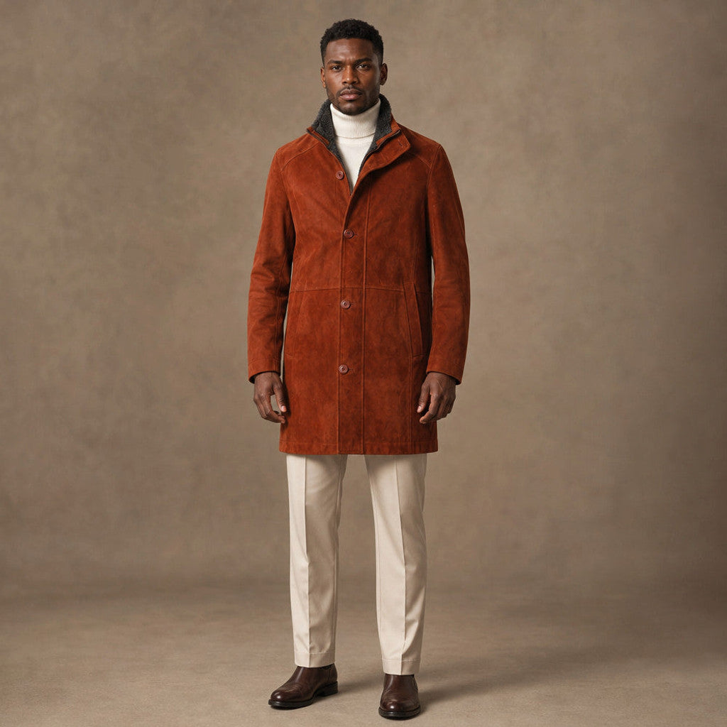 Ashworth | Suede Car Coat Faux Fur Lined Rust Brown – Product Photo