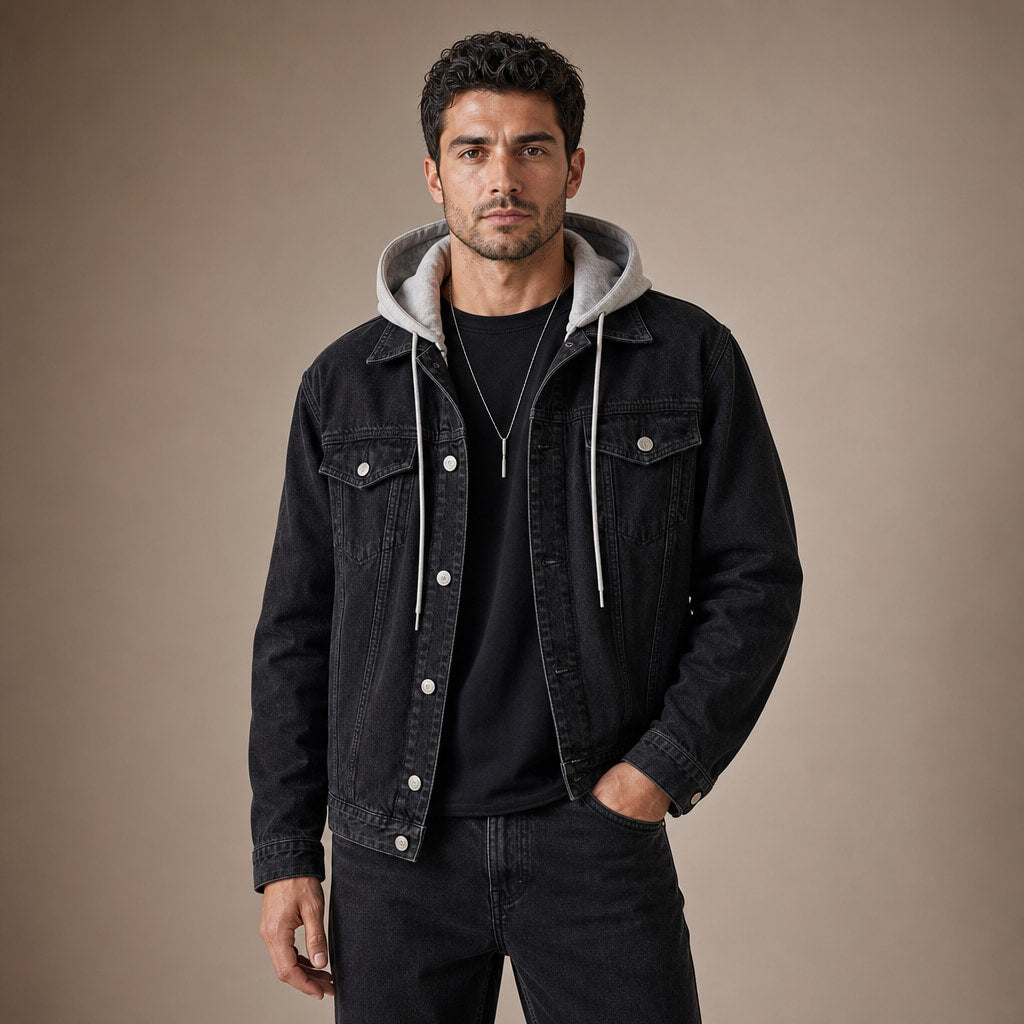 Dark Denim Jacket Detachable Hood Loose Fit in Black – Tomosino Premium Menswear