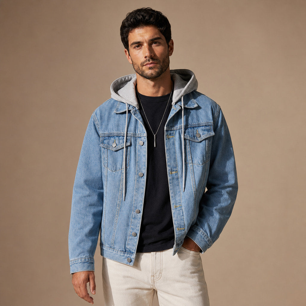 Dark Denim Jacket Detachable Hood Loose Fit in Blue – Tomosino Premium Menswear