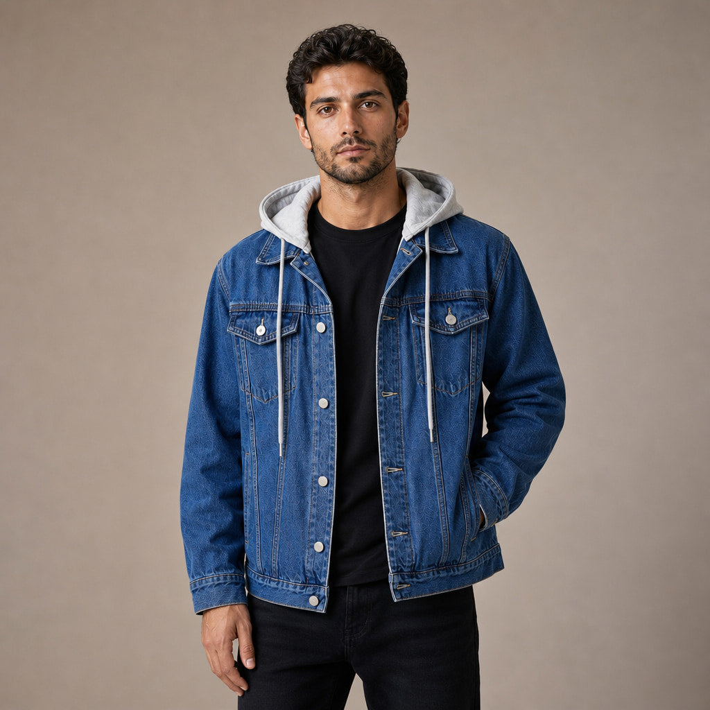 Dark Denim Jacket Detachable Hood Loose Fit in Navy – Tomosino Premium Menswear