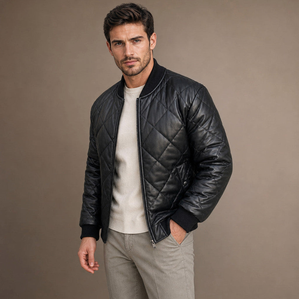 Atvel | Quilted Leather Jacket Black Black – Side Angle View