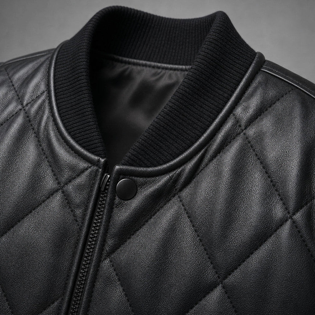 Atvel | Quilted Leather Jacket Black Black – Fabric and Detail Close-Up