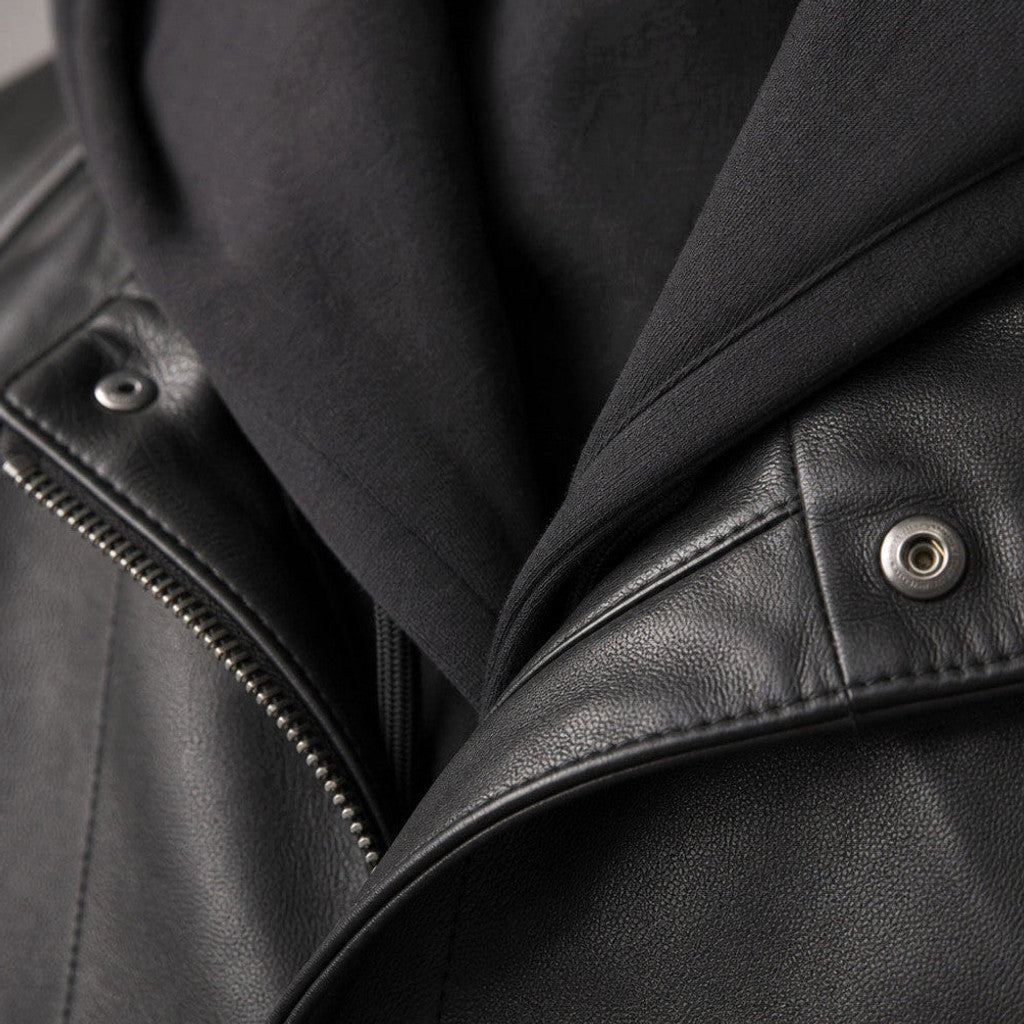 Atwater | Leather Hooded Jacket Detachable Hood Black – Product Photo