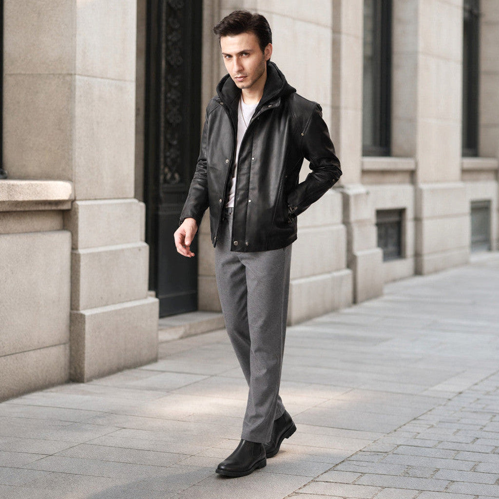 Atwater | Leather Hooded Jacket Detachable Hood Black – Product Photo