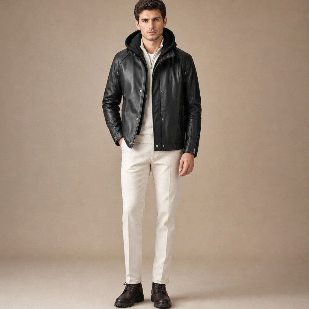 Atwater | Leather Hooded Jacket Detachable Hood Black – Product Photo