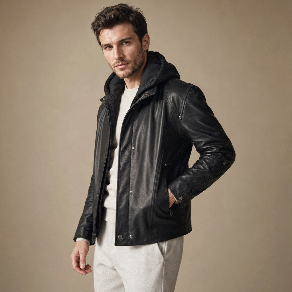 Atwater | Leather Hooded Jacket Detachable Hood Black – Product Photo