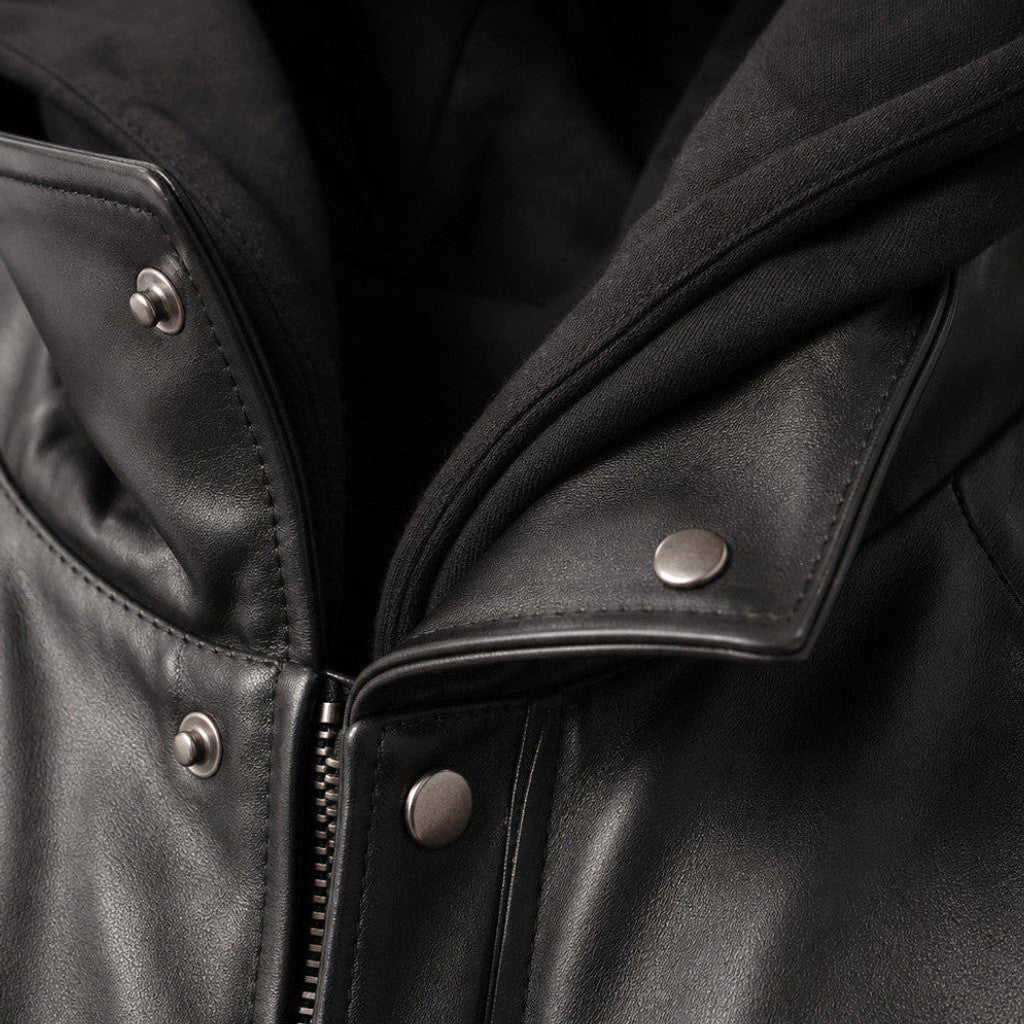 Atwater | Leather Hooded Jacket Detachable Hood Black – Product Photo
