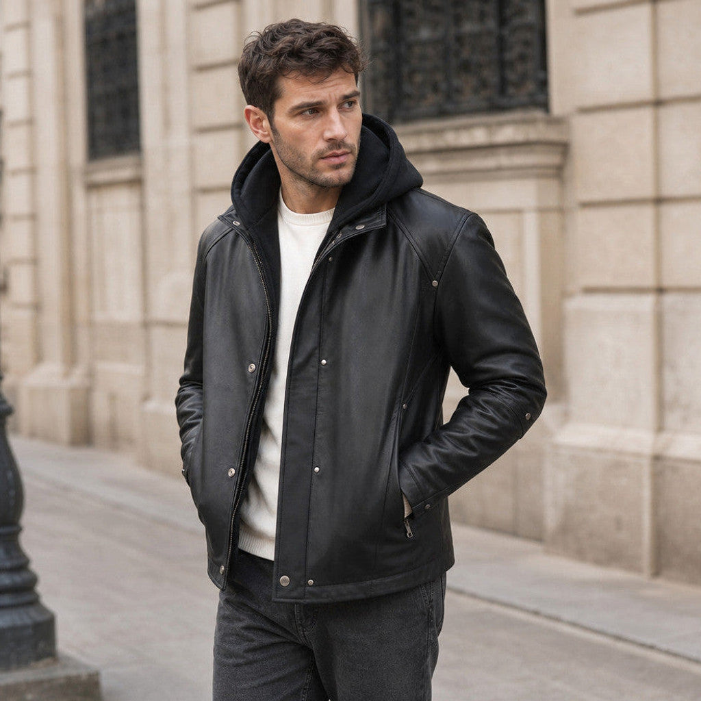 Atwater | Leather Hooded Jacket Detachable Hood Black – Product Photo
