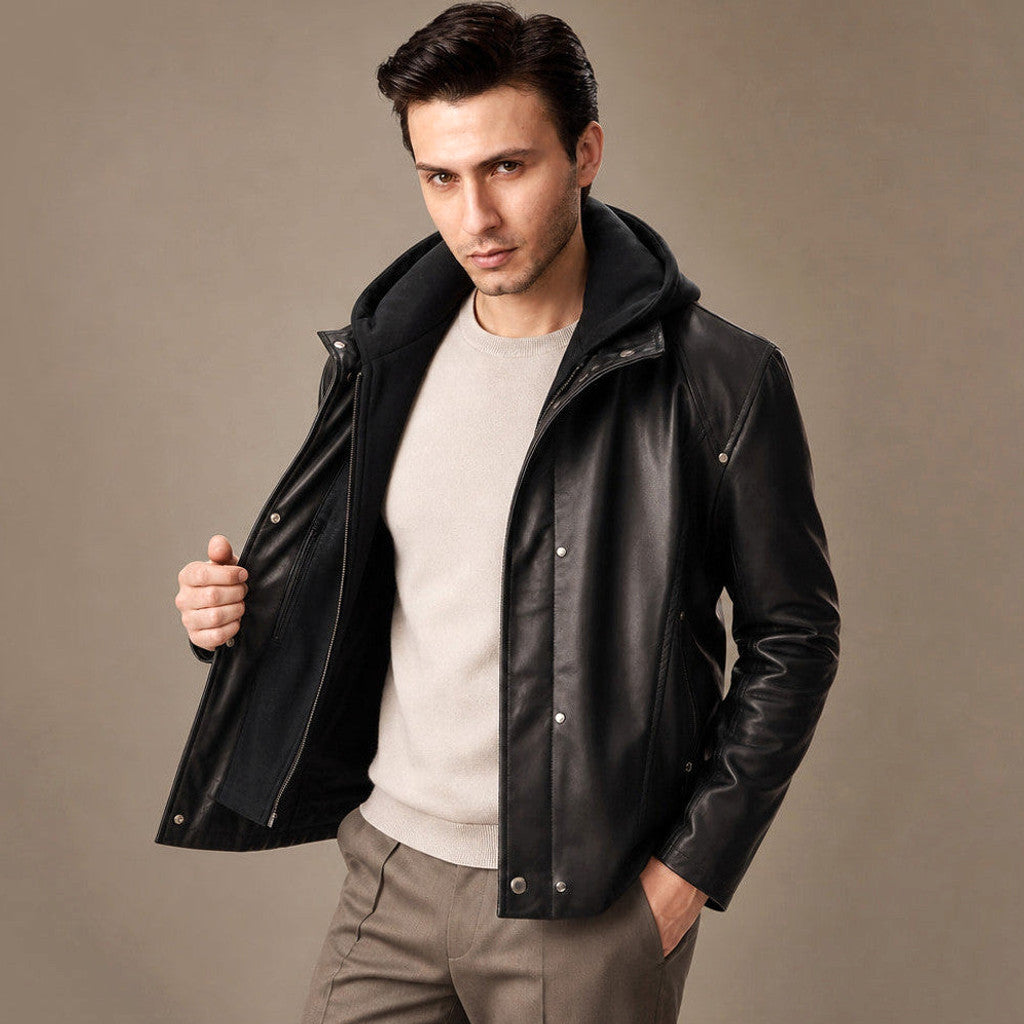 Atwater | Leather Hooded Jacket Detachable Hood Black – Product Photo
