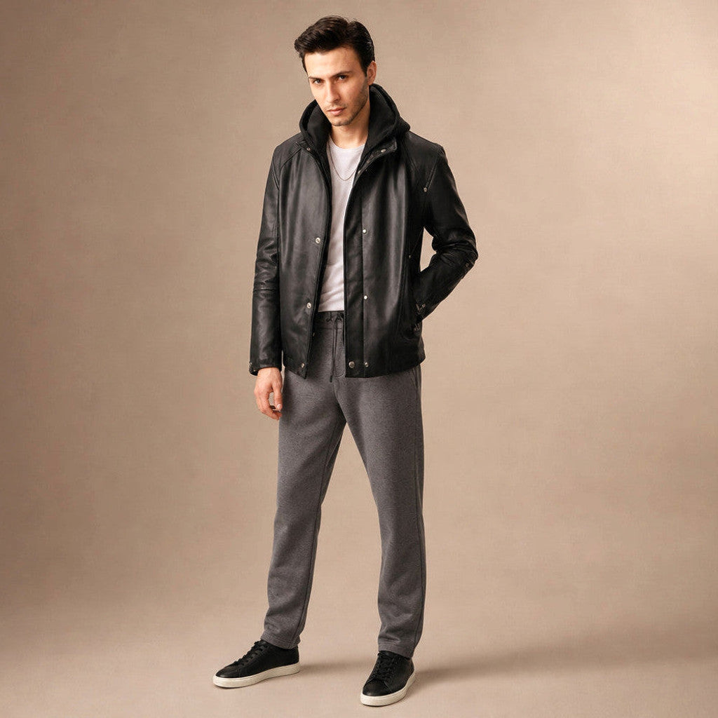 Atwater | Leather Hooded Jacket Detachable Hood Black – Product Photo