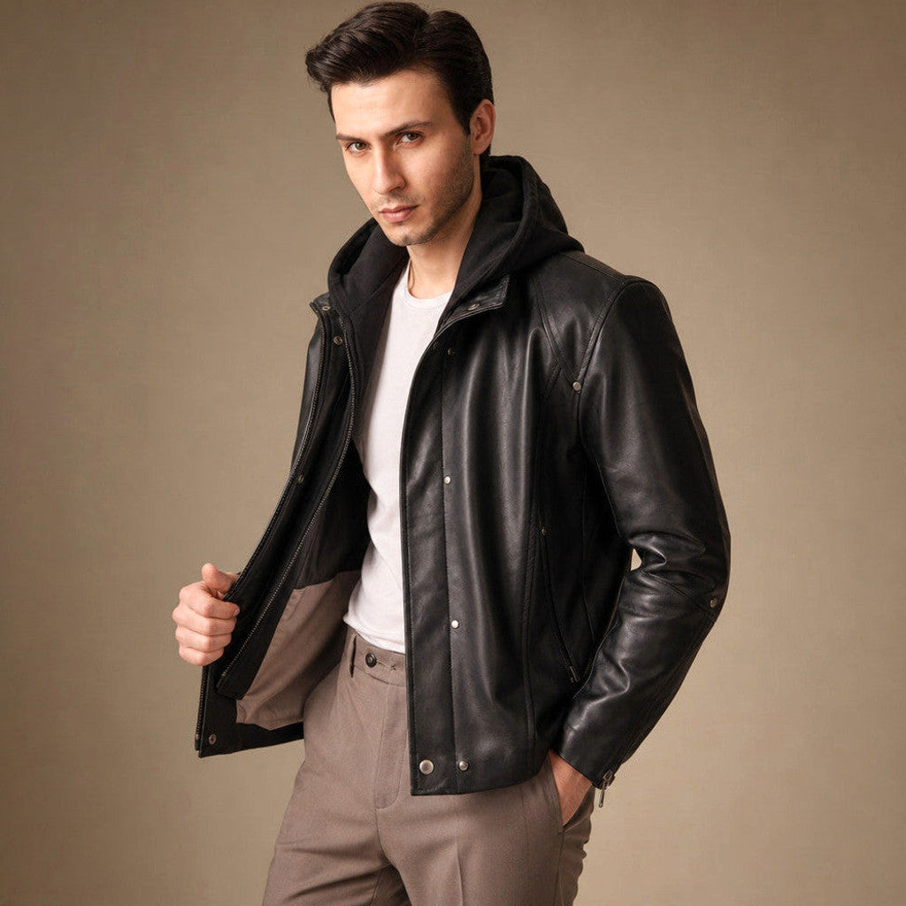Atwater | Leather Hooded Jacket Detachable Hood Black – Product Photo