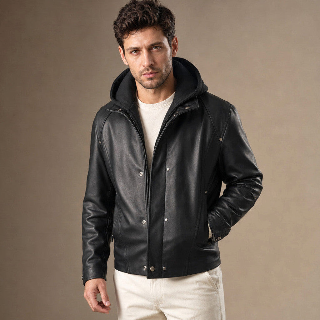 Black sheepskin hooded jacket with full-length zip, shown front on