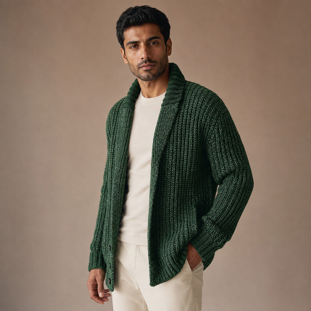 Cable Knit Cardigan Shawl Collar Green – Side Angle View
