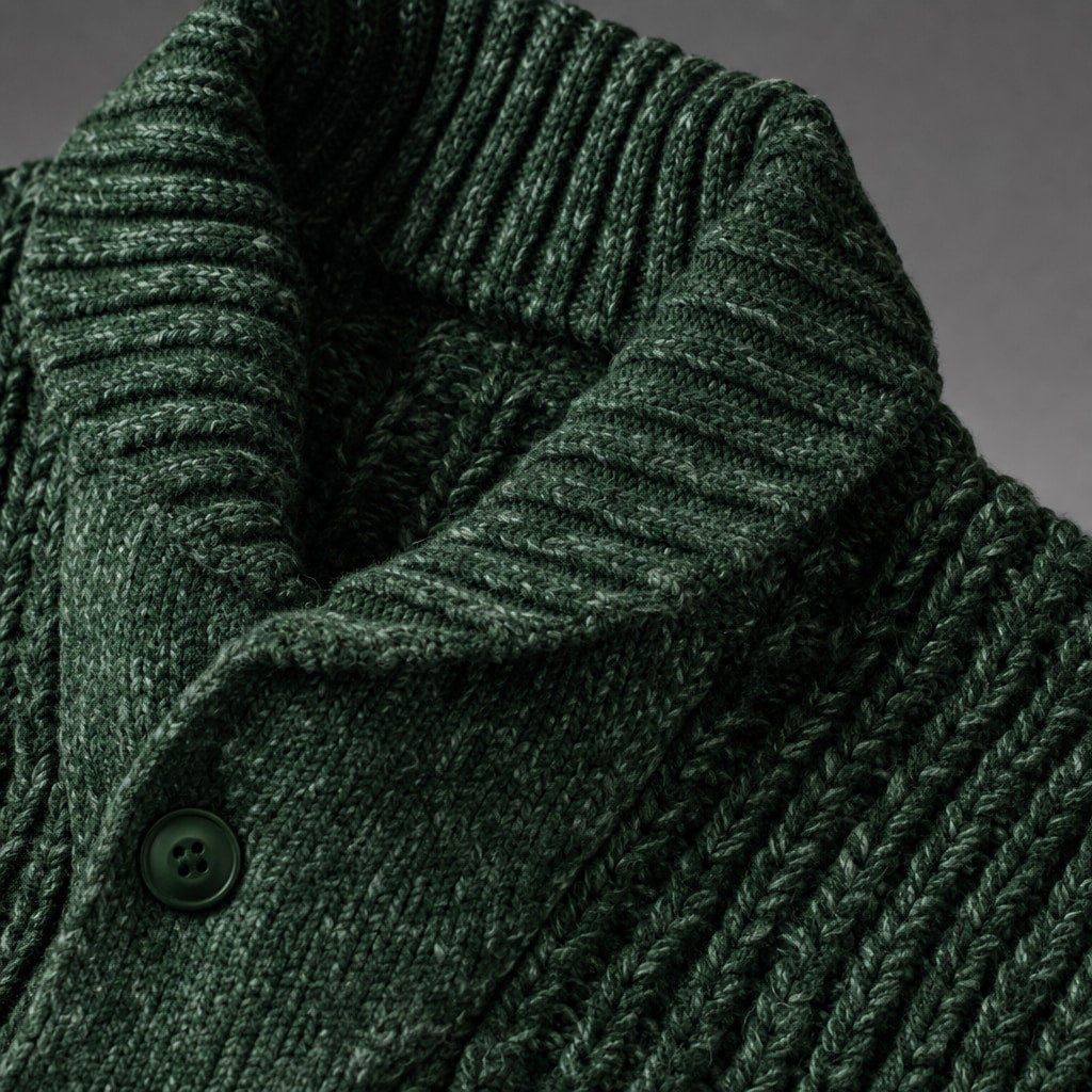 Cable Knit Cardigan Shawl Collar Green – Fabric and Detail Close-Up