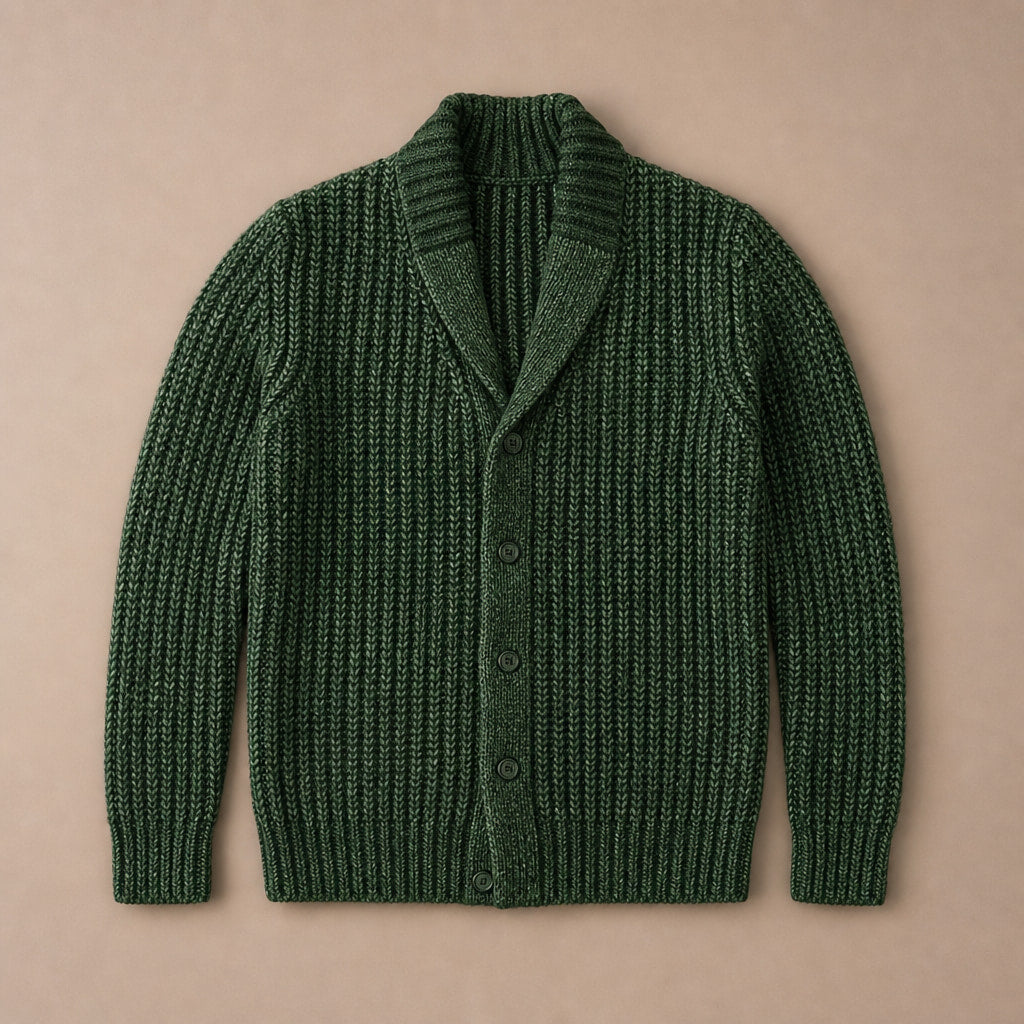 Cable Knit Cardigan Shawl Collar Green – Flat Lay Product Photo