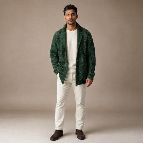 Cable Knit Cardigan Shawl Collar Green – Product Photo
