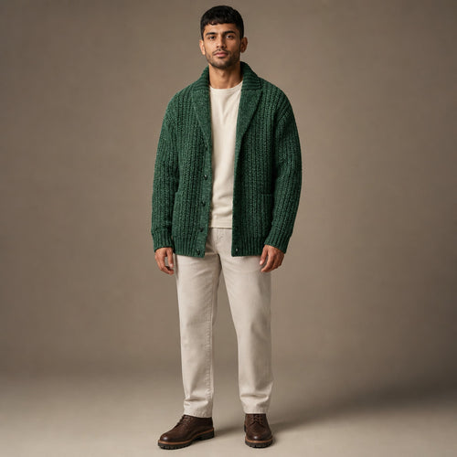Cable Knit Cardigan Shawl Collar in Green – Tomosino Premium Menswear