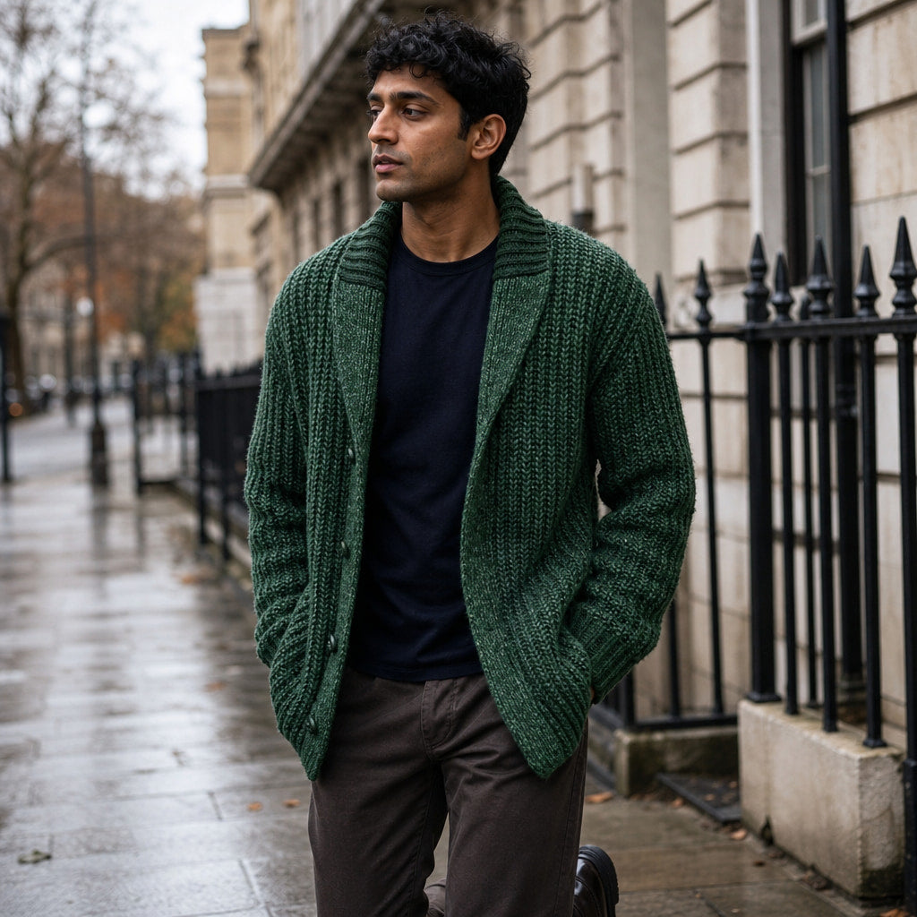 Cable Knit Cardigan Shawl Collar Green – Styled Editorial Shot