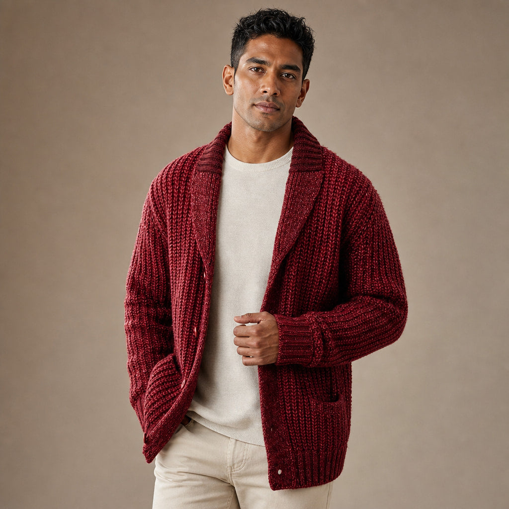 Cable Knit Cardigan Shawl Collar Red – Product Photo