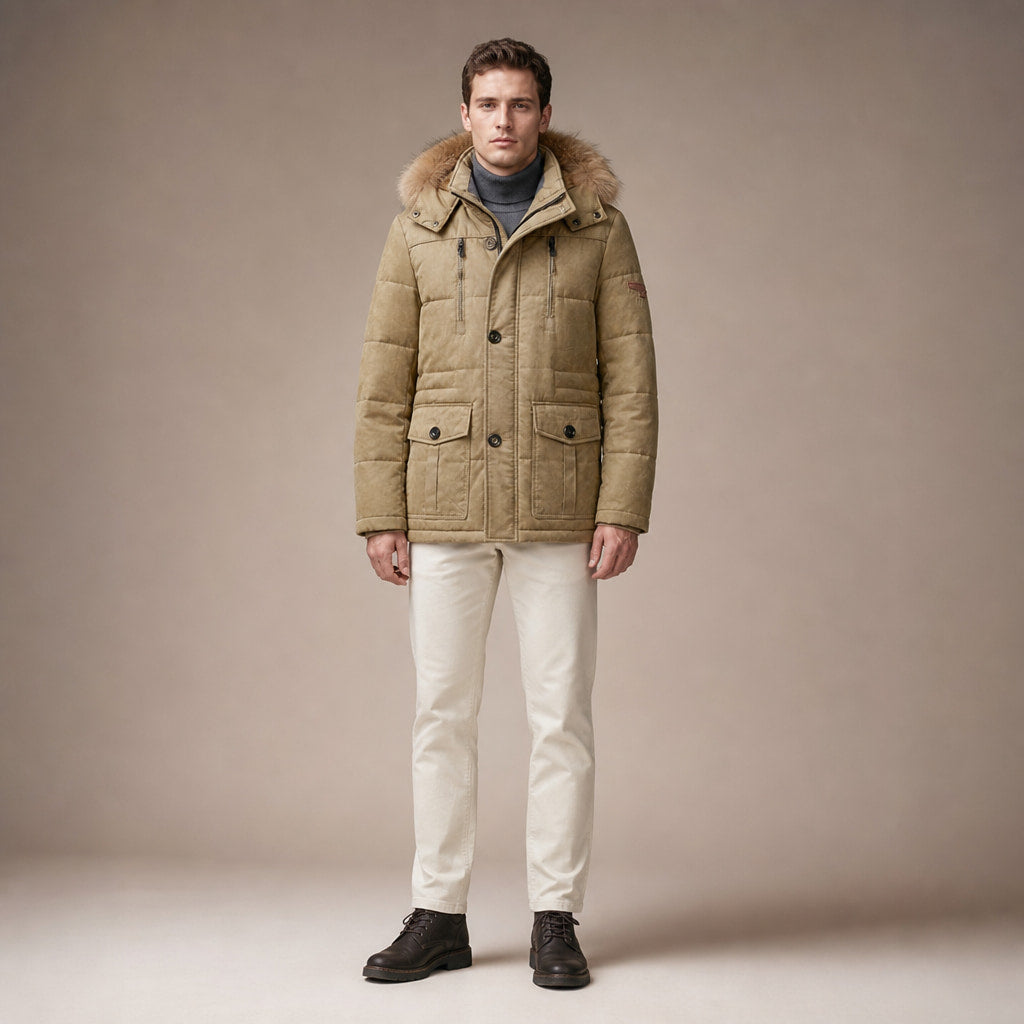 Hooded Parka Fleece Lined in Khaki – Tomosino Premium Menswear