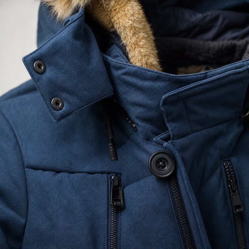 Hooded Parka Fleece Lined Navy Blue – Fabric and Detail Close-Up