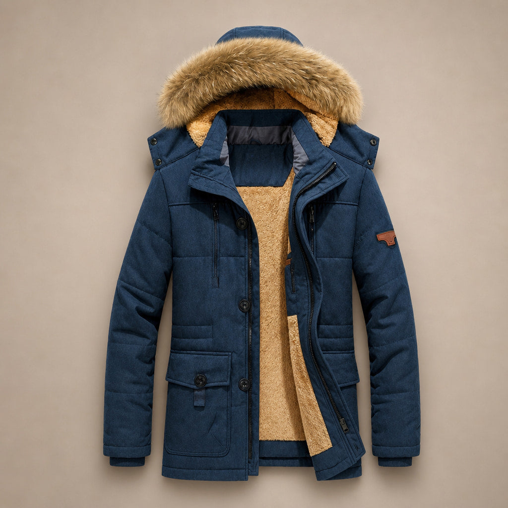 Hooded Parka Fleece Lined Navy Blue – Flat Lay Product Photo