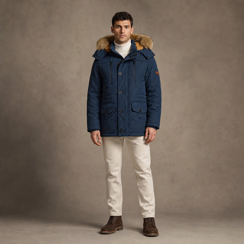 Hooded Parka Fleece Lined in Navy Blue – Tomosino Premium Menswear