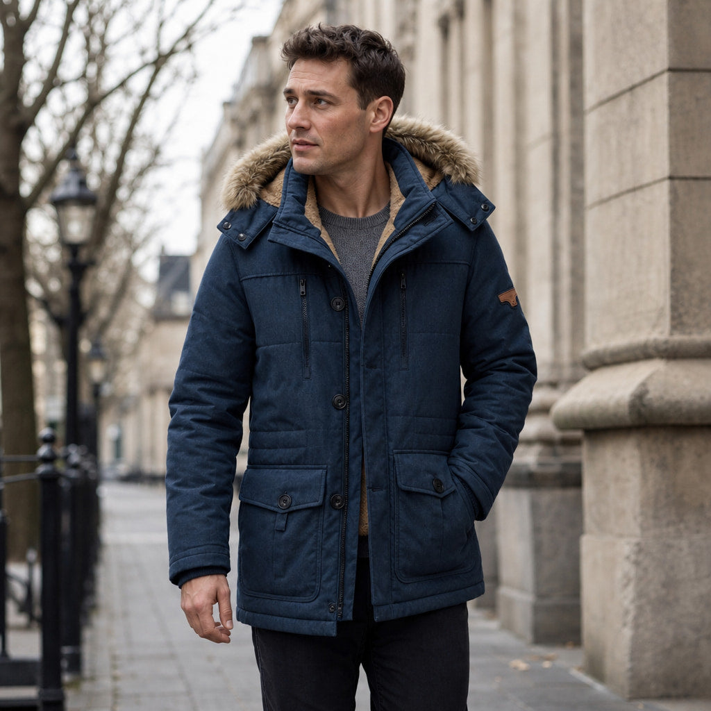 Hooded Parka Fleece Lined Navy Blue – Styled Editorial Shot