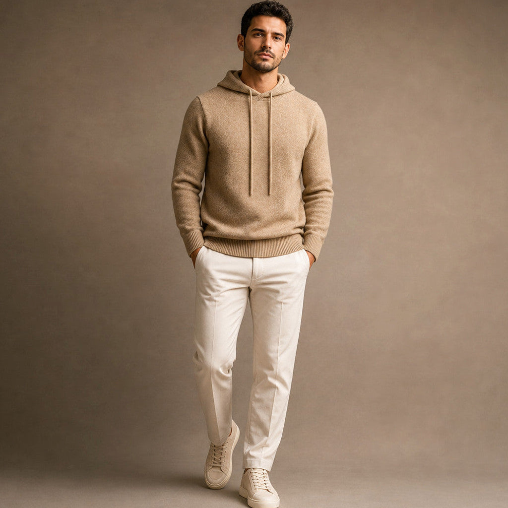 Austin | Knitwear Hoodie Fine Knit Relaxed Fit Khaki – Side Angle View