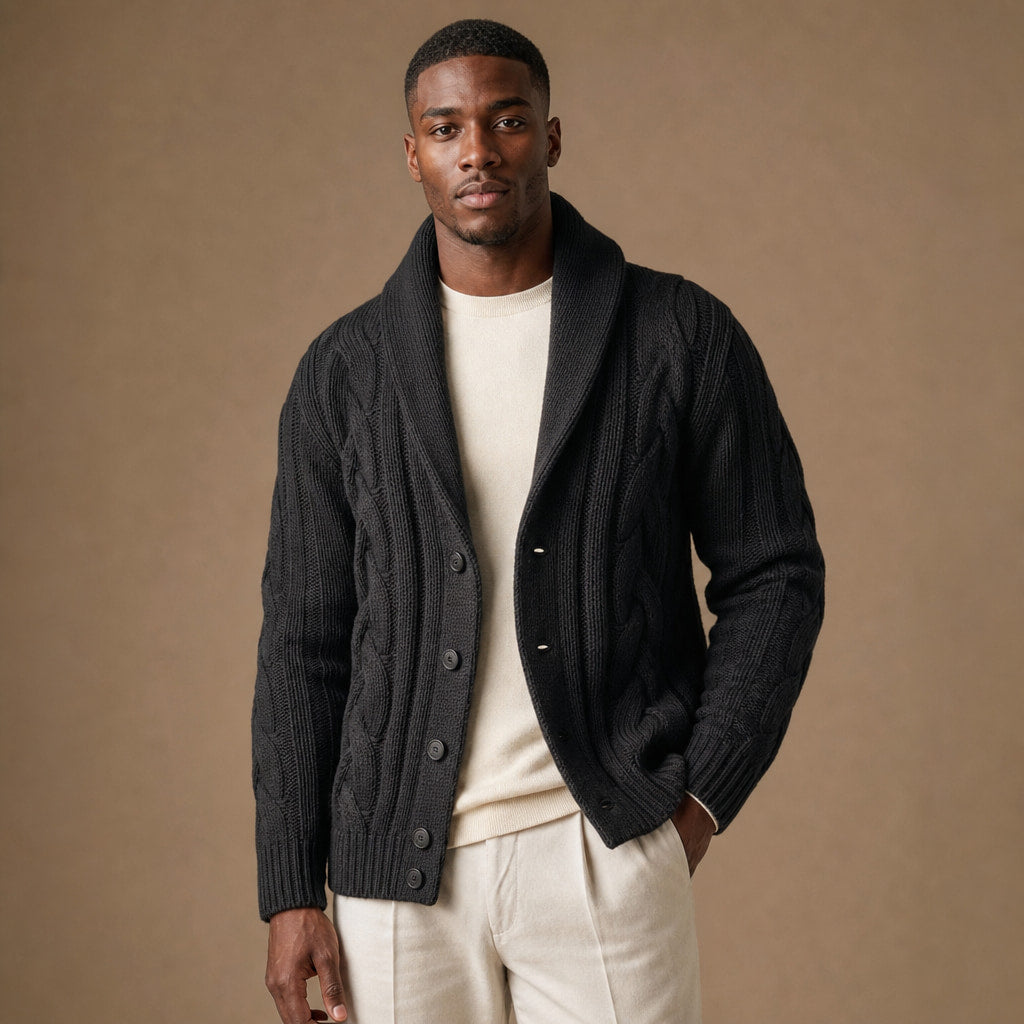 Cable Knit Cardigan Shawl Collar Black – Product Photo
